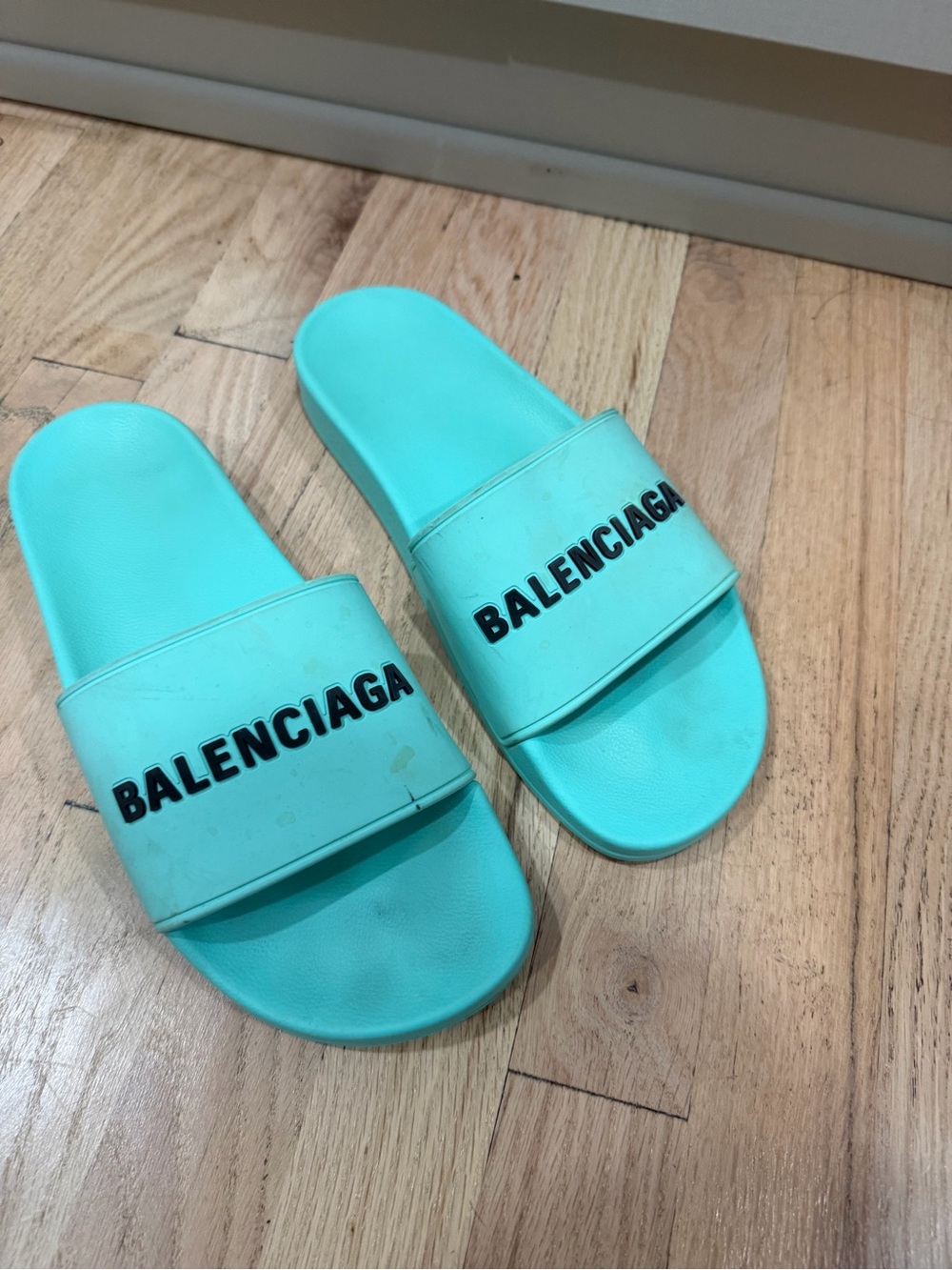 Balenciaga Turquoise Logo pool slides